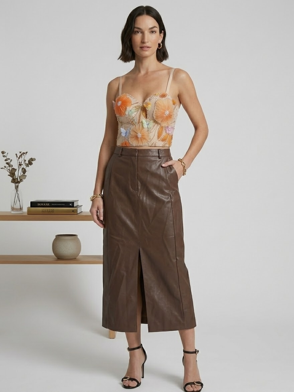 Brown Leather Midi Skirt - Sleek High-Waist Pencil Style